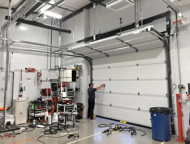 New London Garage Door Repair certified technician performing commercial door repair at a New London business facility
