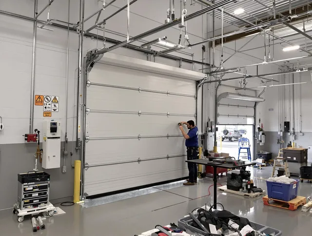 Commercial garage door repair being performed by New London Garage Door Repair expert in New London