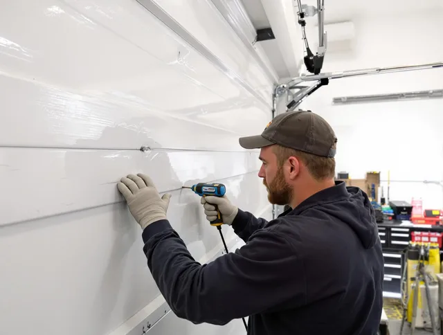New London Garage Door Repair technician demonstrating precision dent removal techniques on a New London garage door