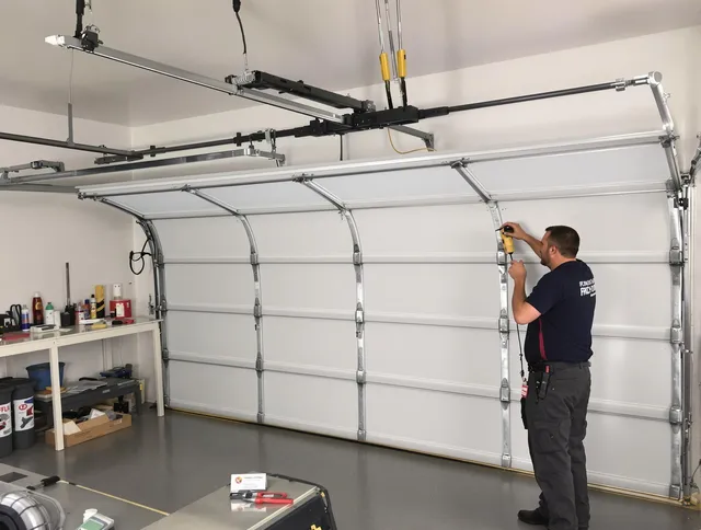New London Garage Door Repair certified technician performing overhead door system repair in New London