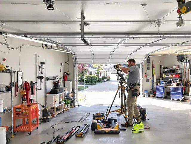 New London Garage Door Repair specialist performing laser-guided track alignment in New London